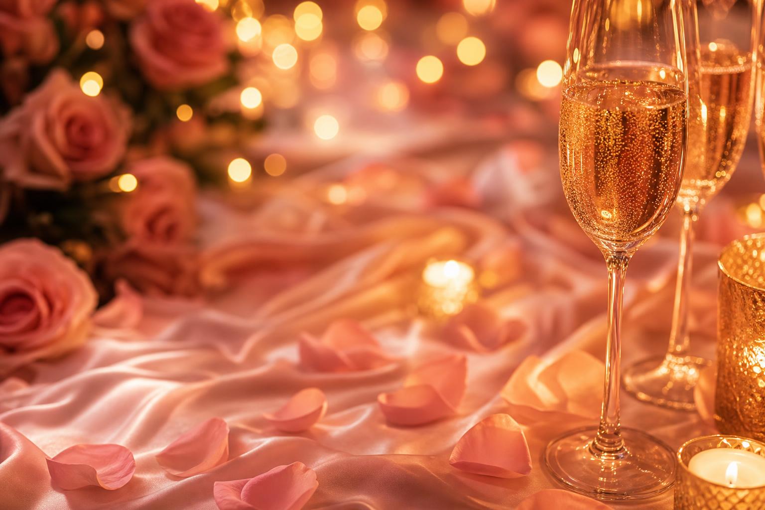 A luxurious romantic table setting with champagne, pink roses, and golden candlelight